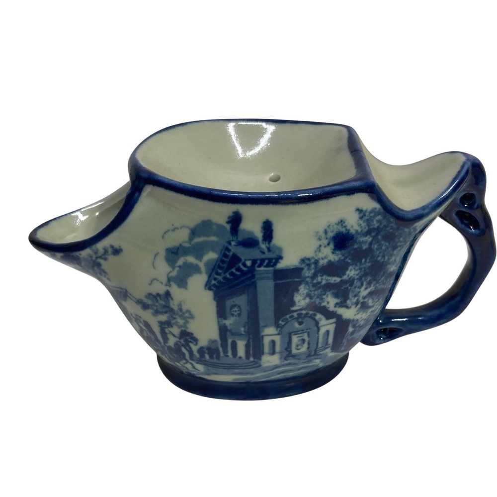 Victoria Ware Ironstone Blue White Flow Blue Scuttle Shaving Mug Village Scene